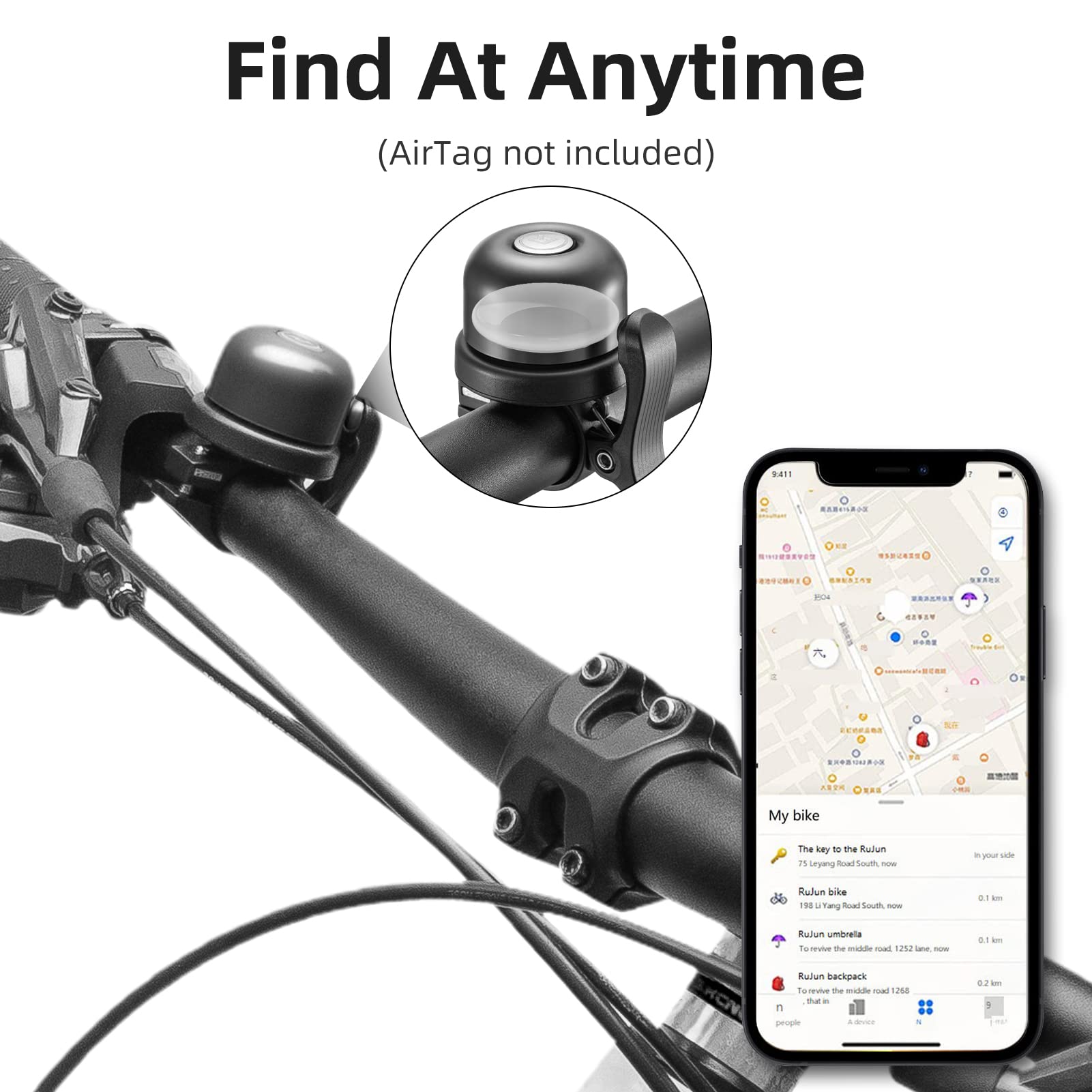 ROCKBROS Hidden AirTag Bike Bell, Anti-Theft GPS Tracker for 0.87"/22.2mm, 1"/25.4mm, 1.25"/31.8mm Handlebars