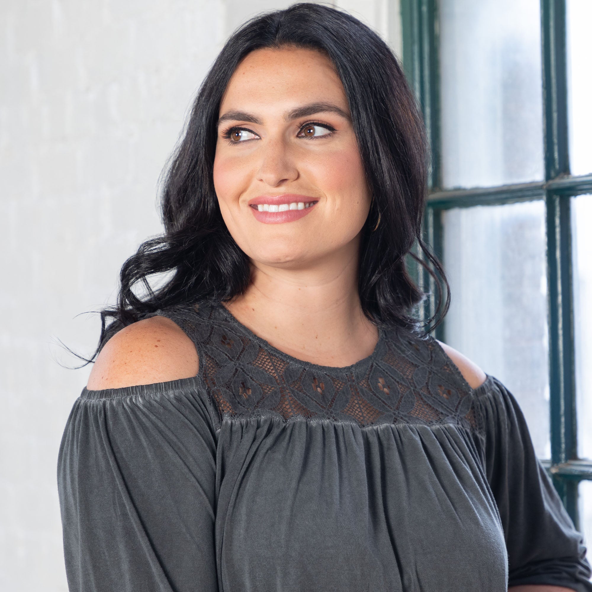 GreaterGood Cold Shoulder Juliet Sleeve Top with Lace Yoke