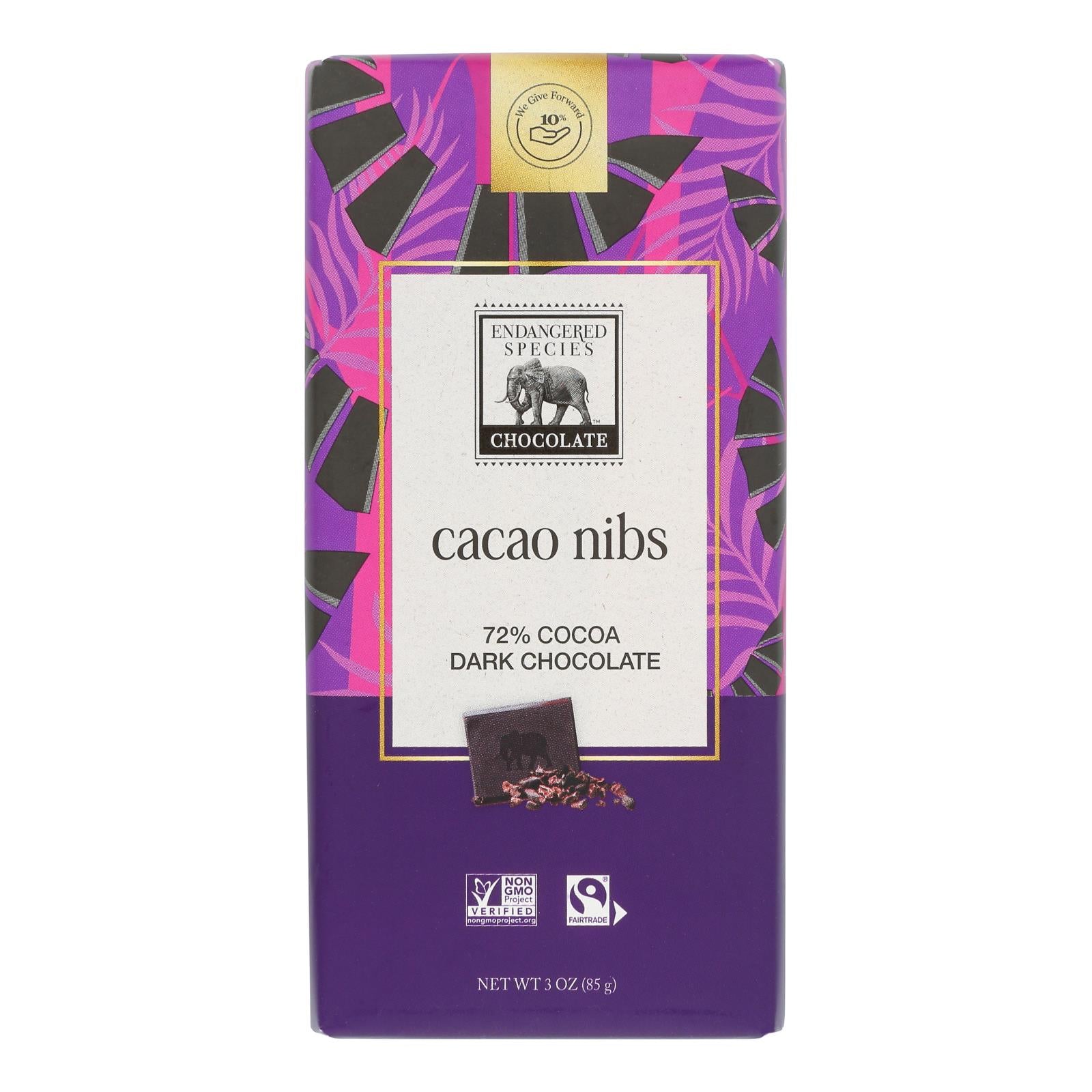 Endangered Species 72% Dark Chocolate Bars, Cacao Nibs, 12 Pack