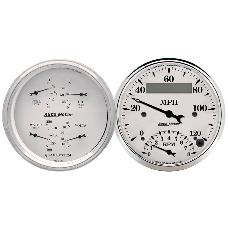 AutoMeter Gauge Kit 2 Pc. Quad & Tach/Speedo 3-3/8in. Old Tyme White 1620
