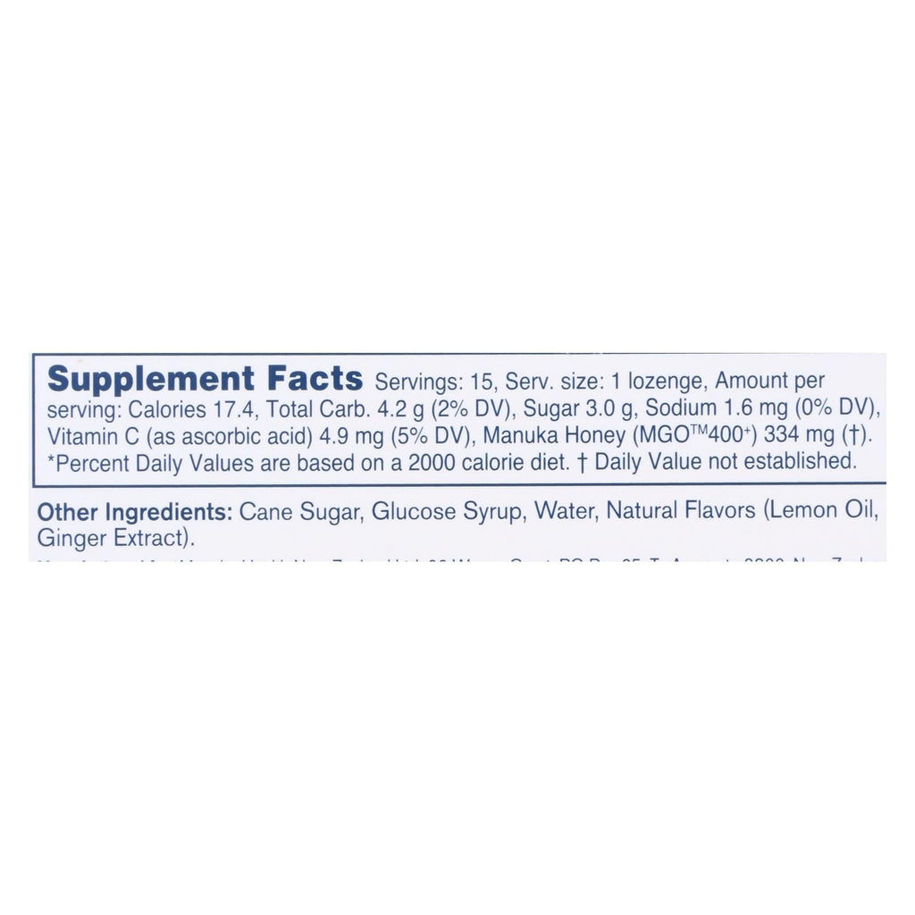 Manuka Health MGO 400+ Honey Lemon Ginger Lozenges 15 Ct