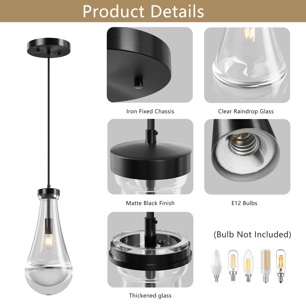 Raindrop Pendant Light – Hand-Blown Clear Glass Shade & Brass/Black Rod | Kitchen Island, Dining Room & Entryway