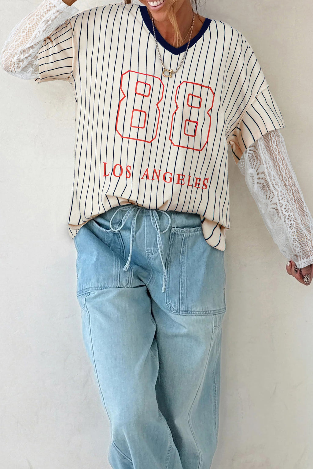 Blue Stripe 88 LOS ANGEL Graphic Lace Patchwork Faux Two Piece V Neck Top