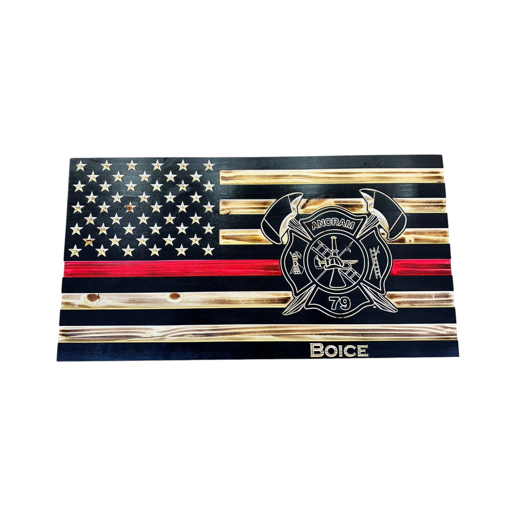 Custom Thin Red Line Wooden Flag with Firefighter Logo