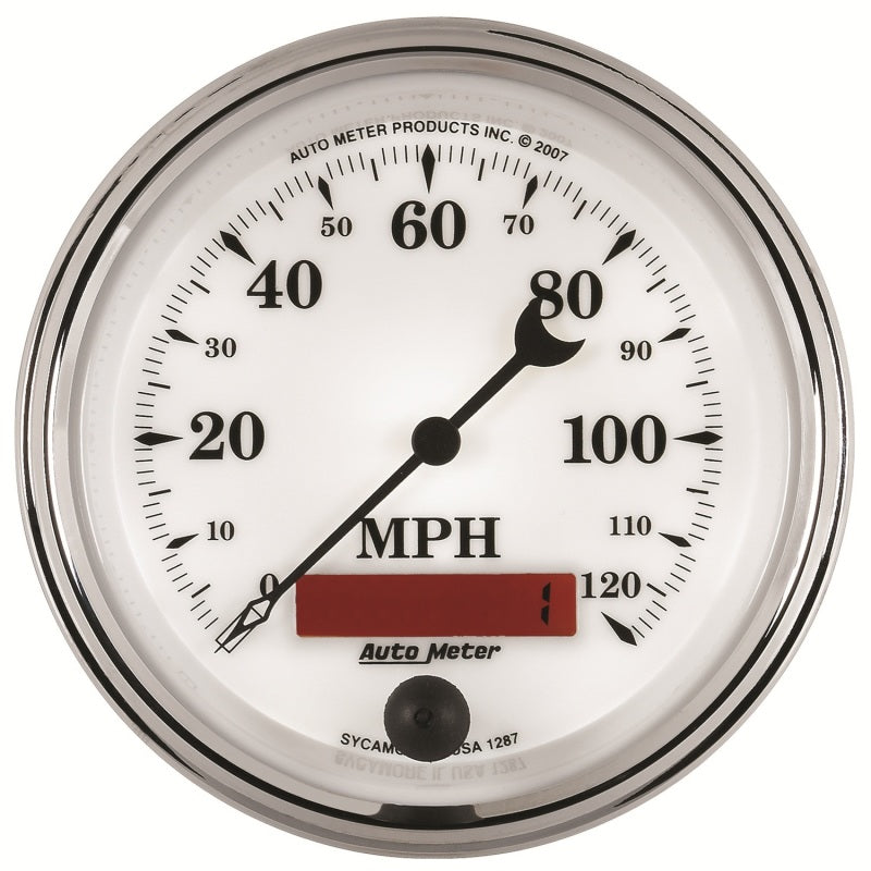 AutoMeter Gauge Speedometer 3-3/8in. 120MPH Elec. Prog. W/ Lcd Odo Old Tyme Wht II 1287