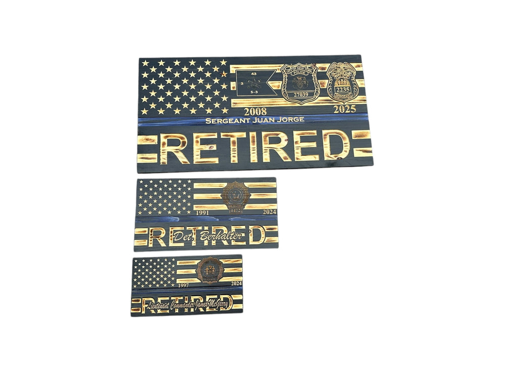 Custom Retirement Wooden American Flag with Engraved Badges