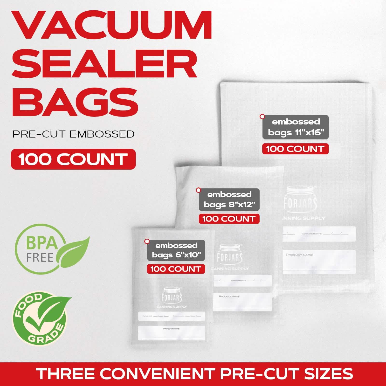 100 Count 11x16 Vacuum Sealer Bags - Textured on Both Sides, 7.5 Mil Thickness