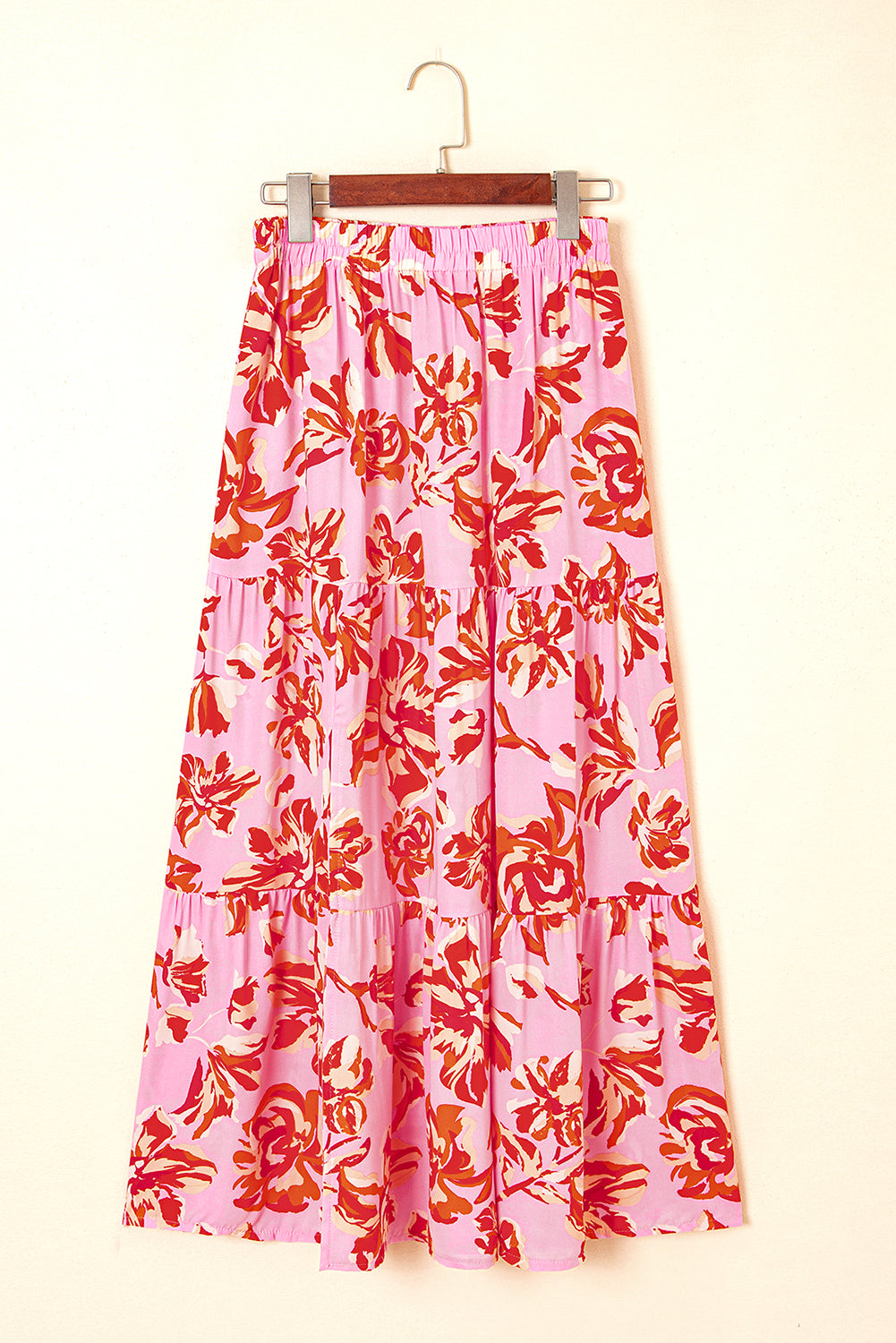 Blue Bohemian Floral Print Tiered Maxi Skirt with Split