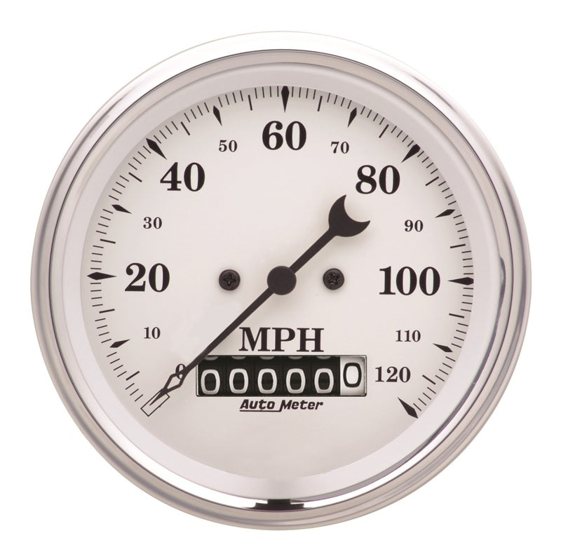 AutoMeter Gauge Speedo. 3-3/8in. 120MPH Elec. Prog. W/ Wheel Odo Old Tyme White 1679