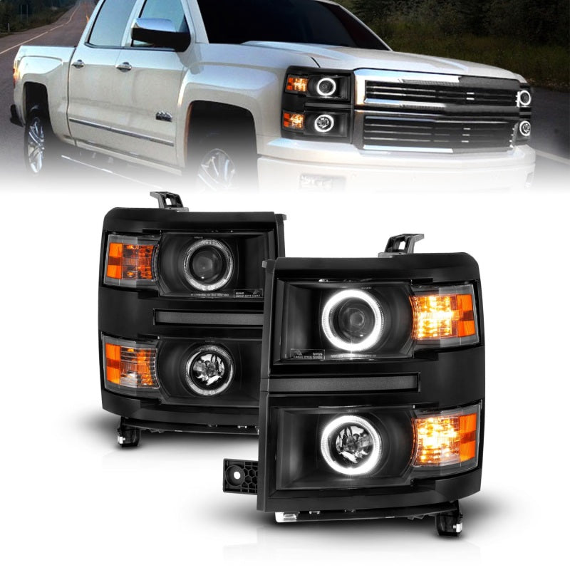 ANZO 14-15 Chevrolet Silverado 1500 Projector Headlights w/ Halo Black Housing w/ Black Trim 111583