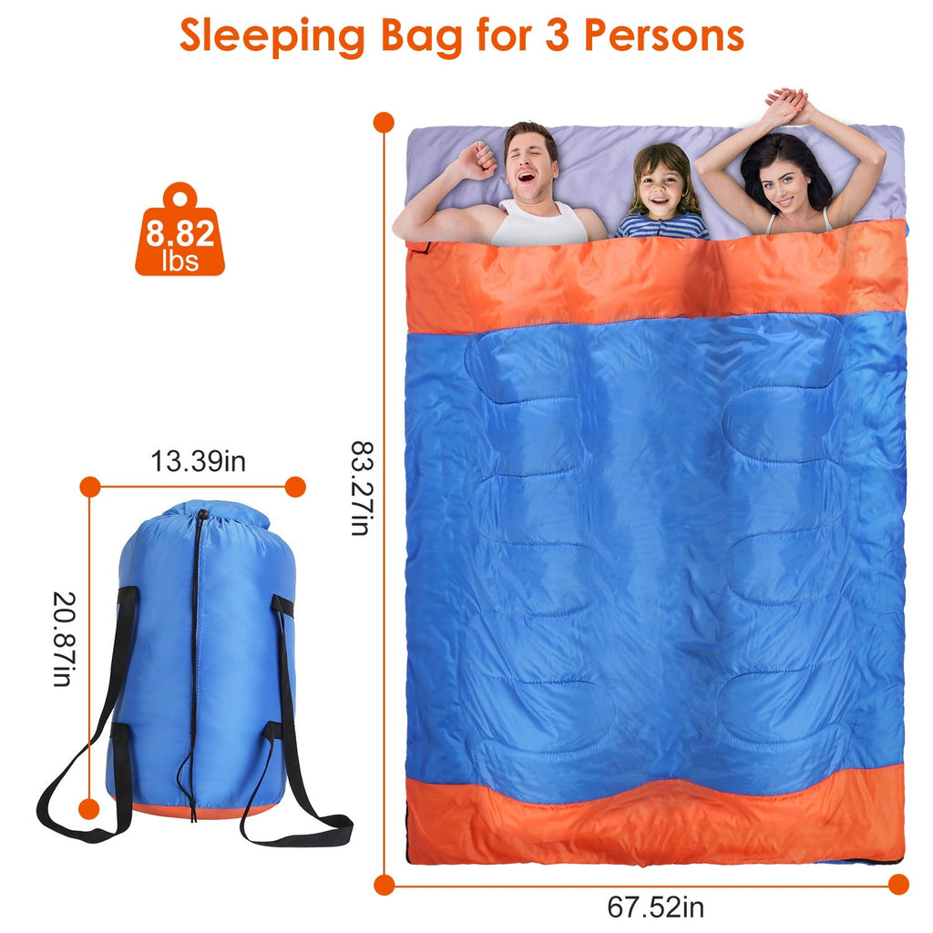 3 People Sleeping Bag for Adult Kids Lightweight Water Resistant Camping Cotton Liner Cold Warm Weather Indoor Outdoor Use 3 Season with Sack for Spri