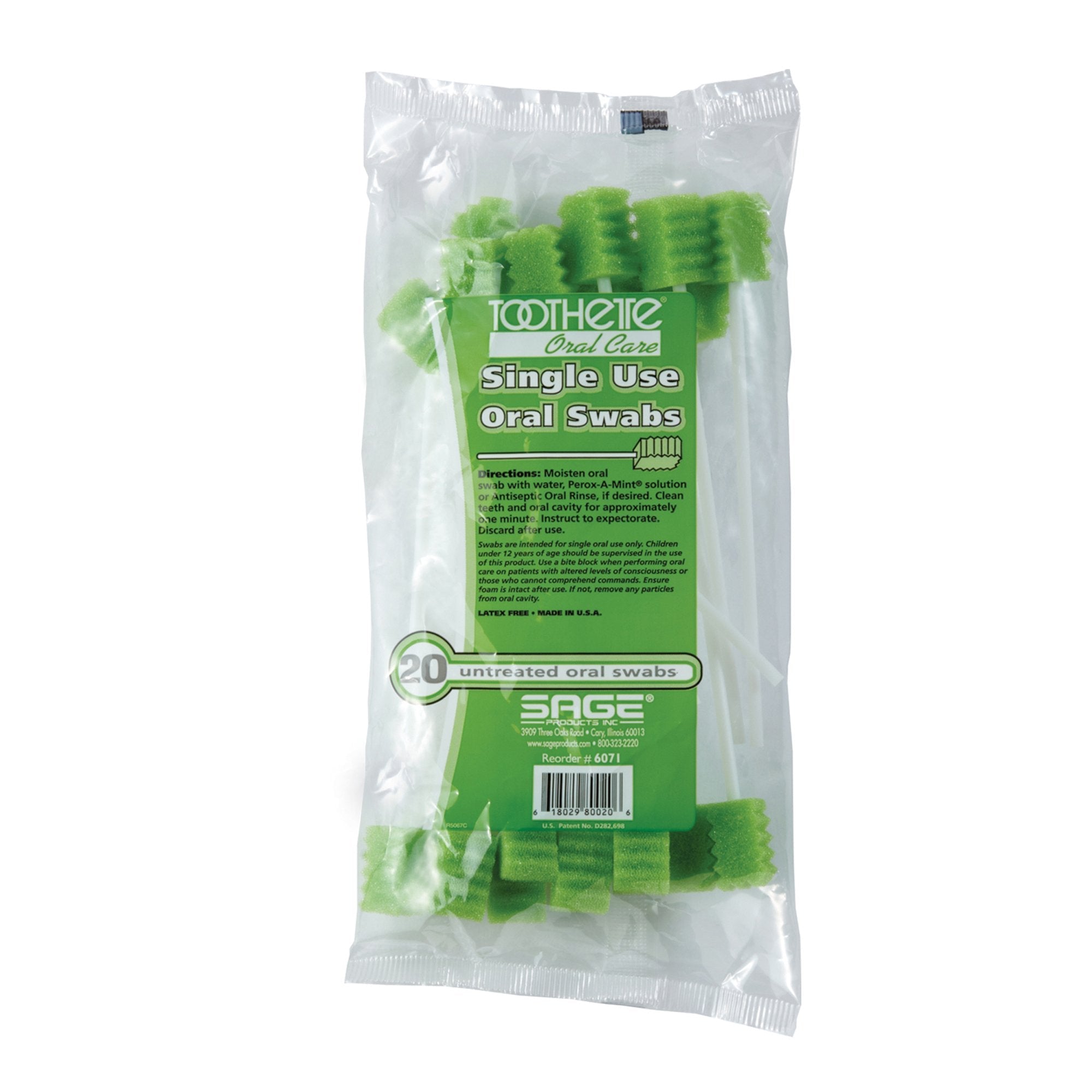 Toothette Plus Oral Swabsticks Foam Tip Untreated, 6-Inch Length, Green 6071