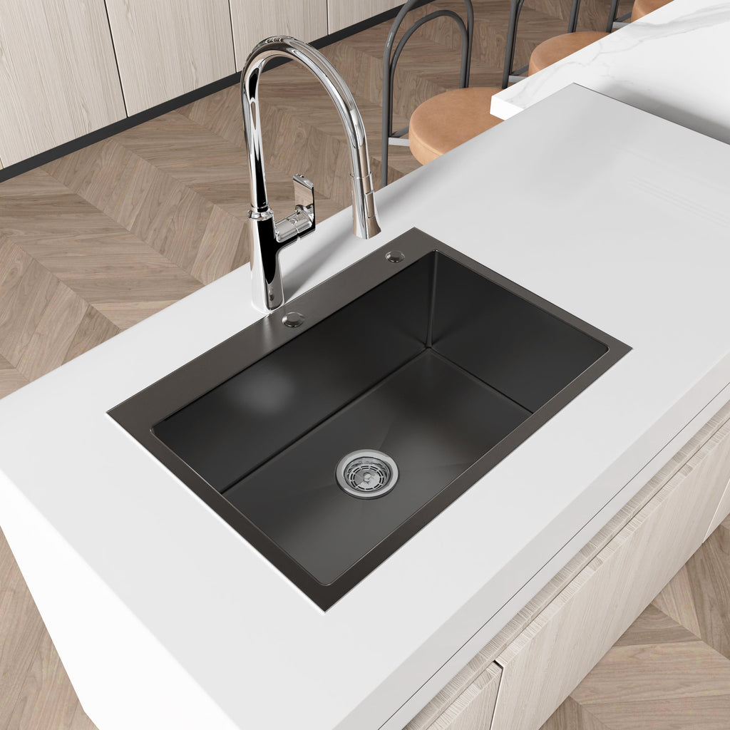 Stainless Steel Kitchen Sink, 27″x19″ Single Bowl, Overmount Handmade Sink in Black, with US Standard Drain and Hook, LS-SSBL01