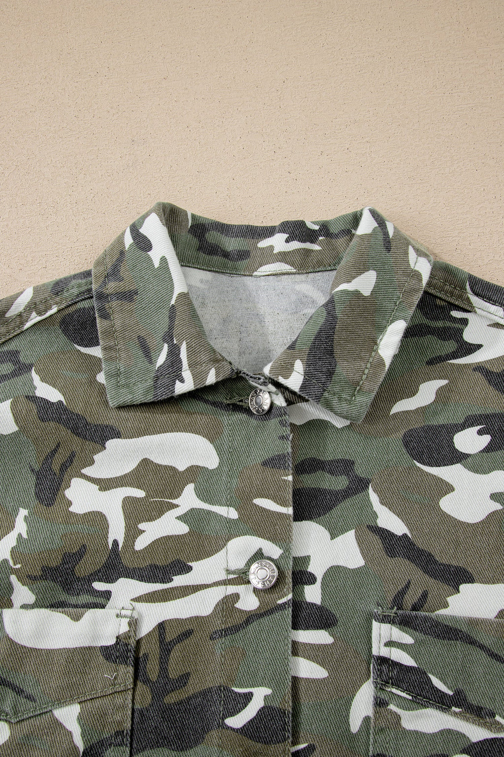 Green Camo Chest Pockets Loose Jean Jacket