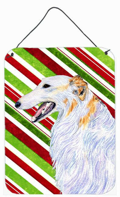 Borzoi Candy Cane Holiday Christmas Wall or Door Hanging Prints Aluminum Metal Sign Kitchen Wall Bar Bathroom Plaque Home Decor Front Door Plaque, 12x16, Multicolor
