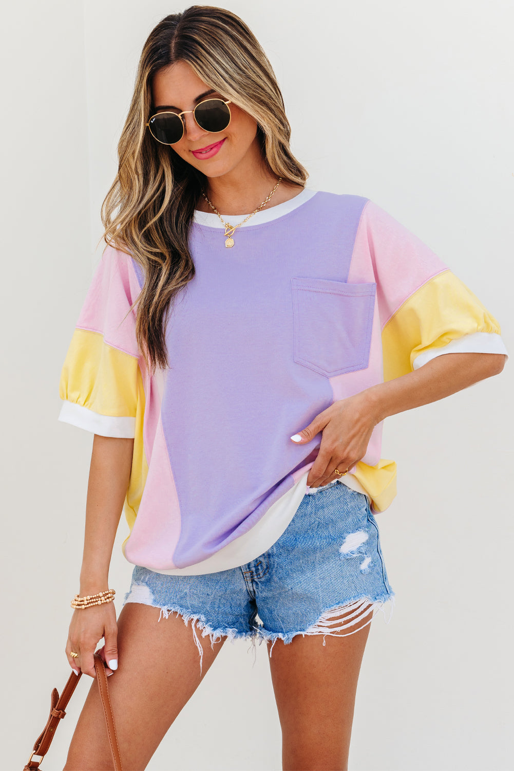 Unique Oils Purple Color Block Patchwork Oversized Half Sleeve T-Shirt