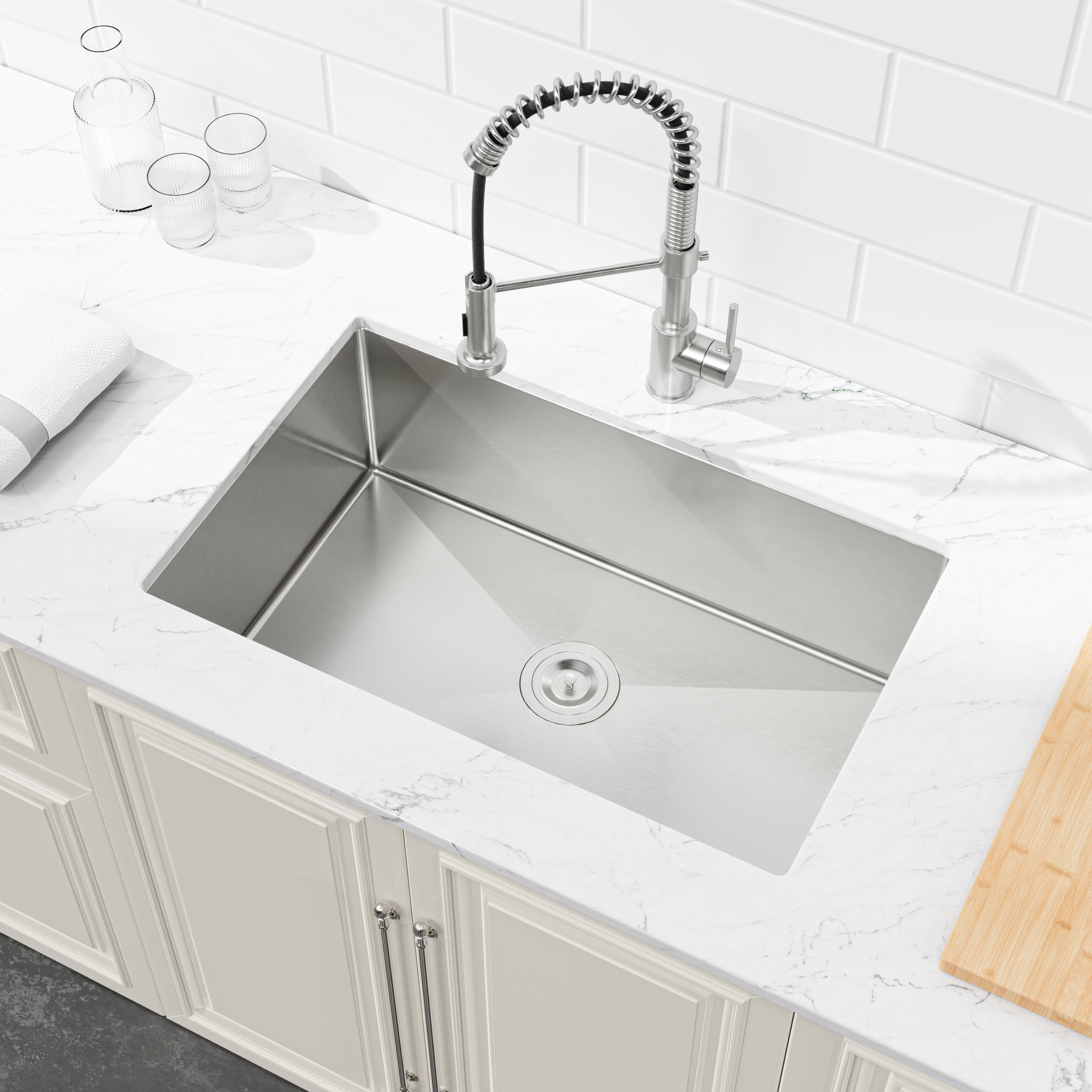 Stainless Steel Kitchen Sink, 30″x19″ Drop In Single Bowl, Undermount Handmade Sink in Brushed Nickel, with US Standard Drain and Hook, LS-SSBR05