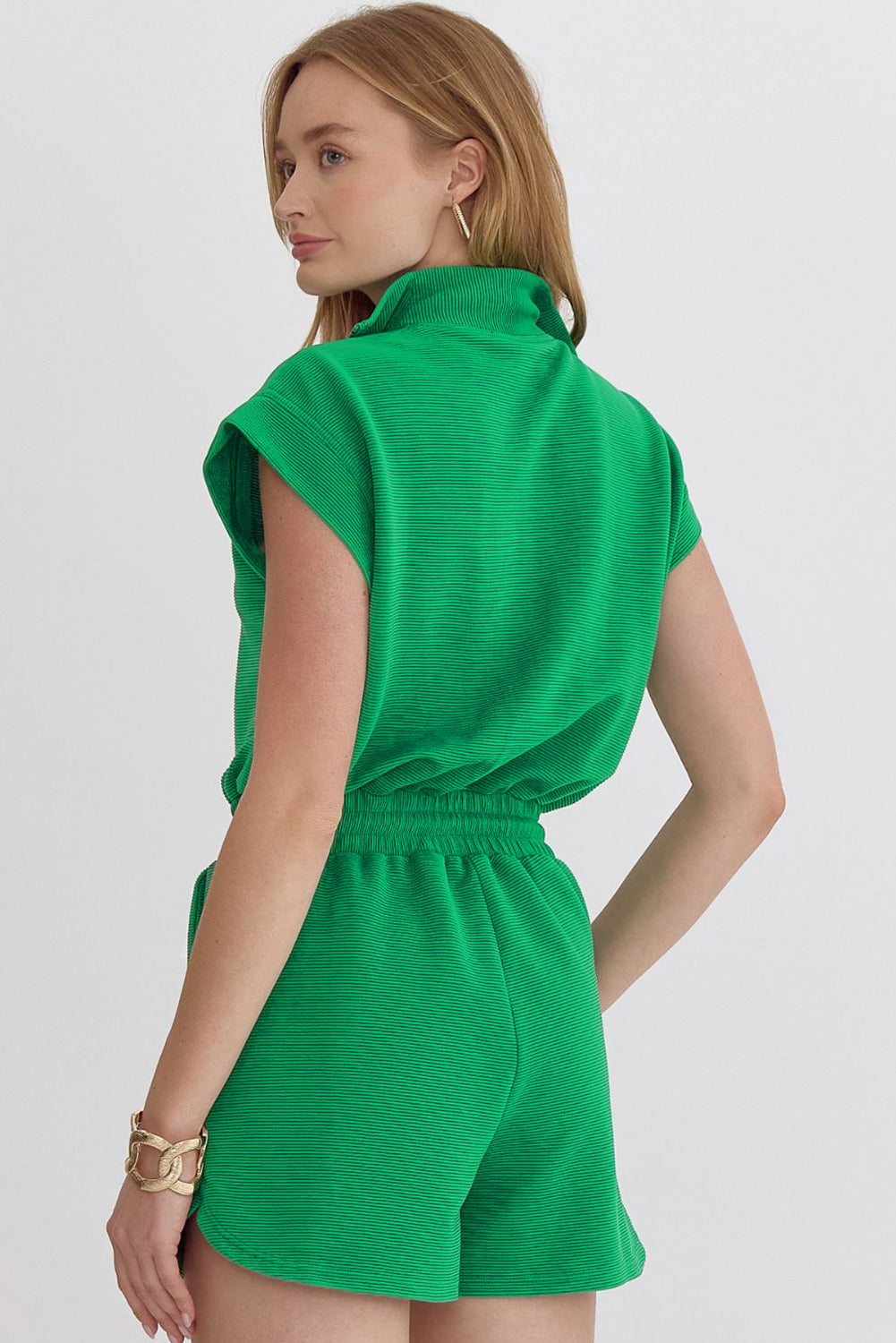 Bright Green Textured Short Sleeve Half Zip Drawstring Waist Romper
