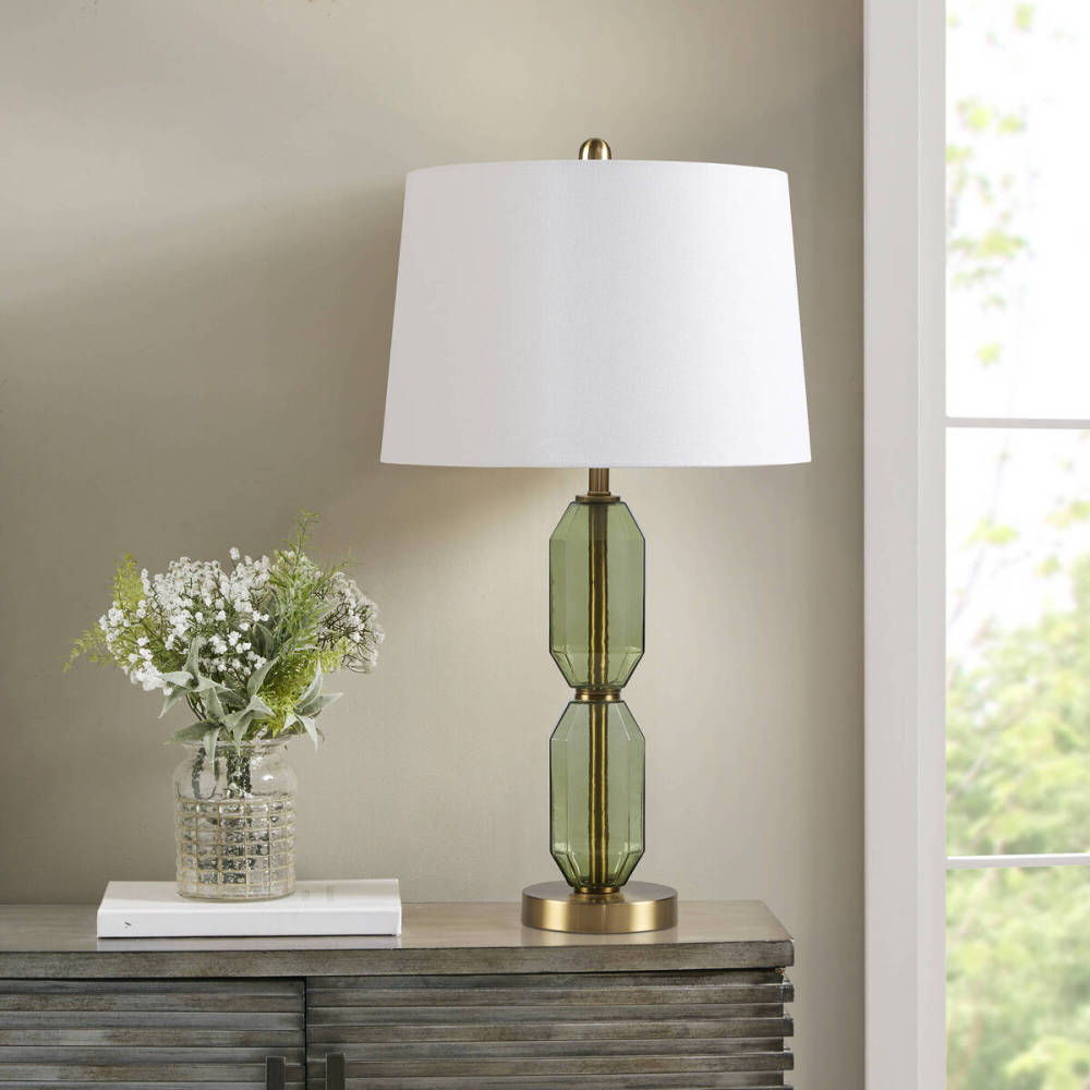 Faceted Green Glass Table Lamp – Gold Metal Base & White Fabric Shade | LED Bulb Included | Modern Accent Lamp
