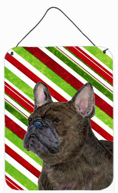 French Bulldog Candy Cane Holiday Christmas Wall or Door Hanging Prints Aluminum Metal Sign Kitchen Wall Bar Bathroom Plaque Home Decor Front Door Plaque, 12x16, Multicolor