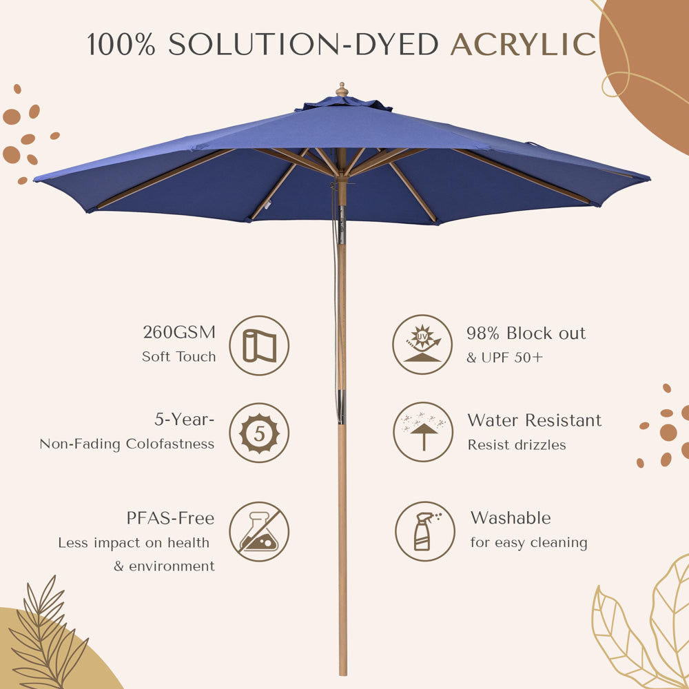 LAGarden 9ft Patio Wood Market Umbrella Acrylic Fabric Tilt