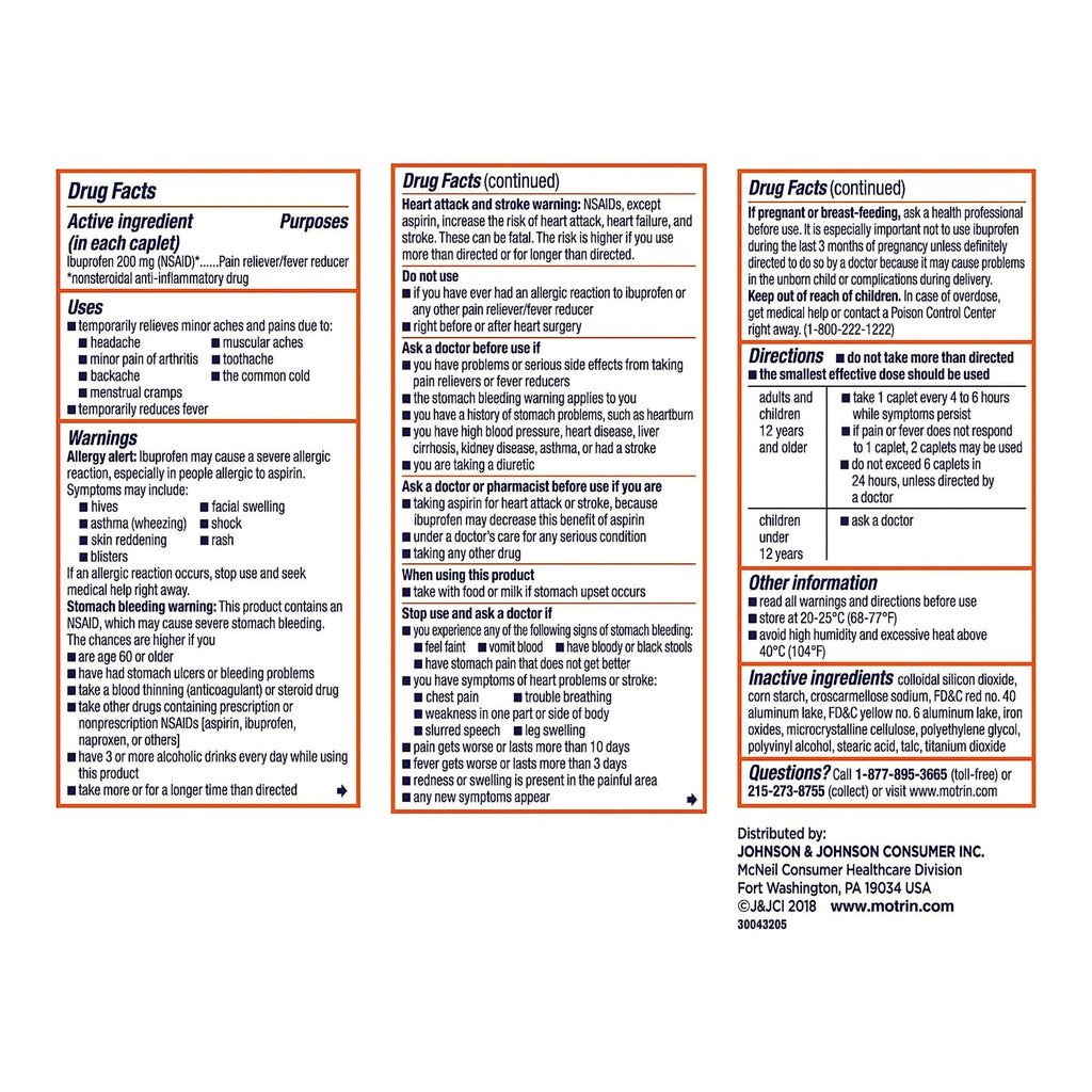 Motrin IB Ibuprofen Coated Caplets 50580023003