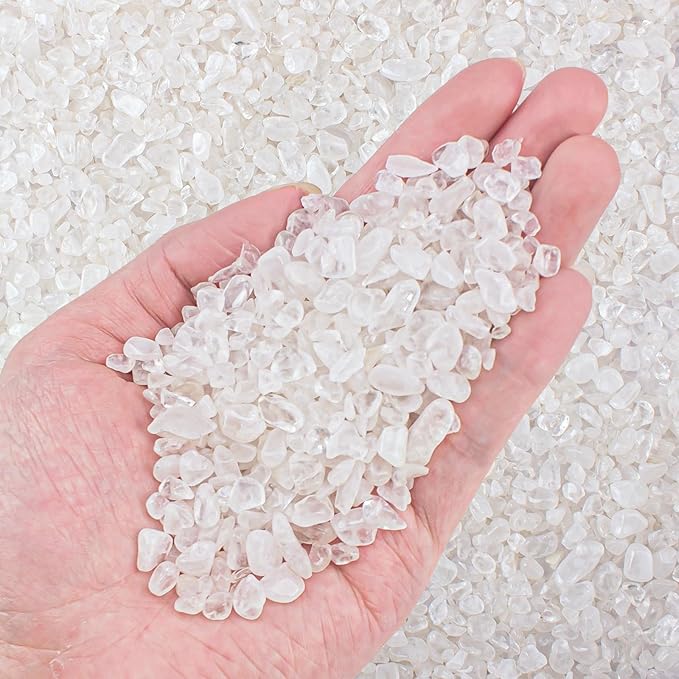 0.88 Lb Clear Quartz Crystal Chips Natural Tumbled Healing Crystal Chips Bulk Crushed Stones, Betta Fish Tank Gravel Rocks Clear Mini Pebbles for Aquarium, Vase Fillers, Succulent Plants Decor, 3 - 5 mm - PhishStones Products