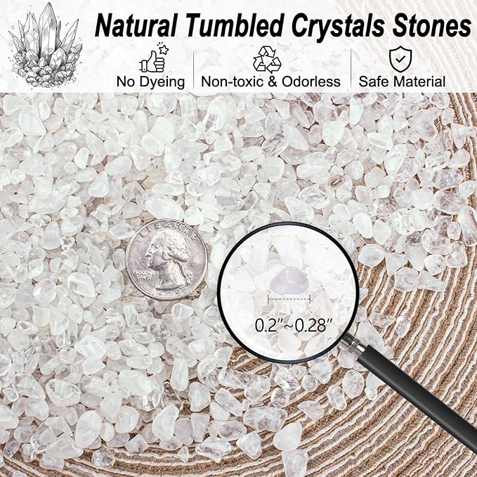 0.88 Lb Clear Quartz Crystal Chips Natural Tumbled Healing Crystal Chips Bulk Crushed Stones, Betta Fish Tank Gravel Rocks Clear Mini Pebbles for Aquarium, Vase Fillers, Succulent Plants Decor, 3 - 5 mm - PhishStones Products