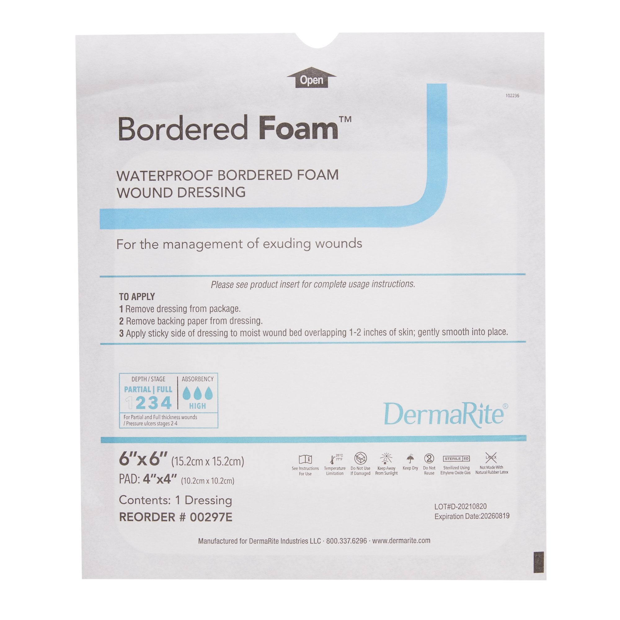 BorderedFoam® Adhesive with Border Foam Dressing, 6 x 6 Inch 00297E