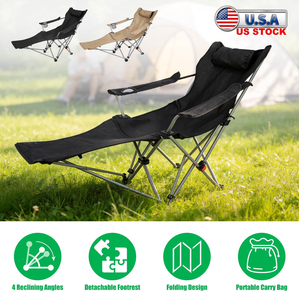 Reclining Camping Chair with Footrest 4-Position Adjustable Outdoor Folding Chair Heavy Duty Portable Camping Lounge Chair with Headrest Cup Holder &