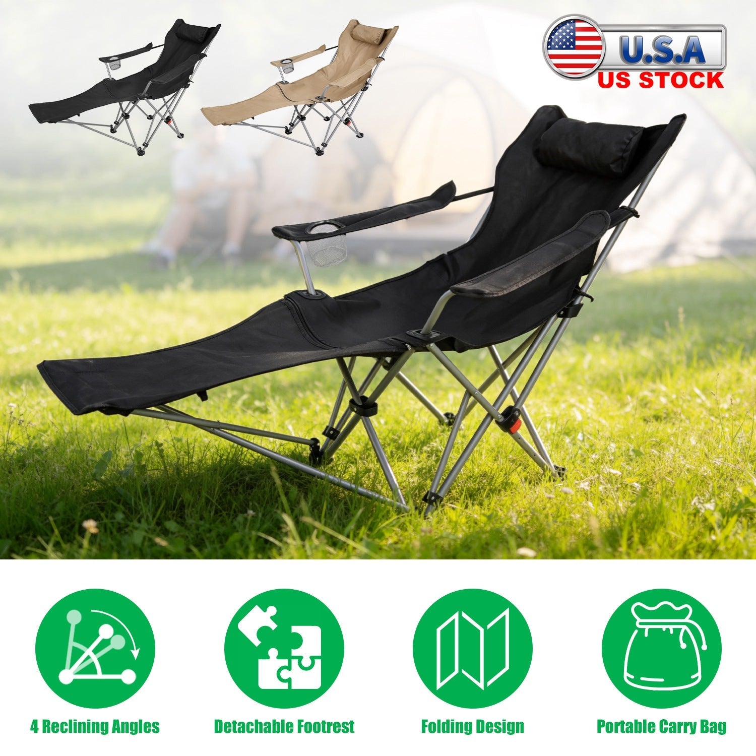 Reclining Camping Chair with Footrest 4-Position Adjustable Outdoor Folding Chair Heavy Duty Portable Camping Lounge Chair with Headrest Cup Holder &