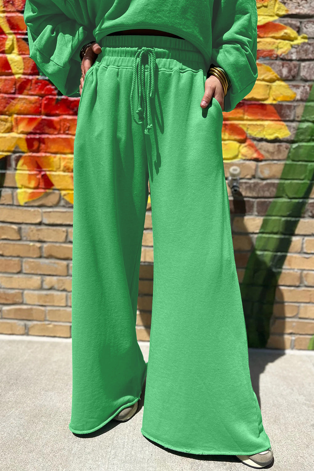 Yellow Cream Drop Shoulder Crop Pullover Drawstring Wide Leg Pants Set