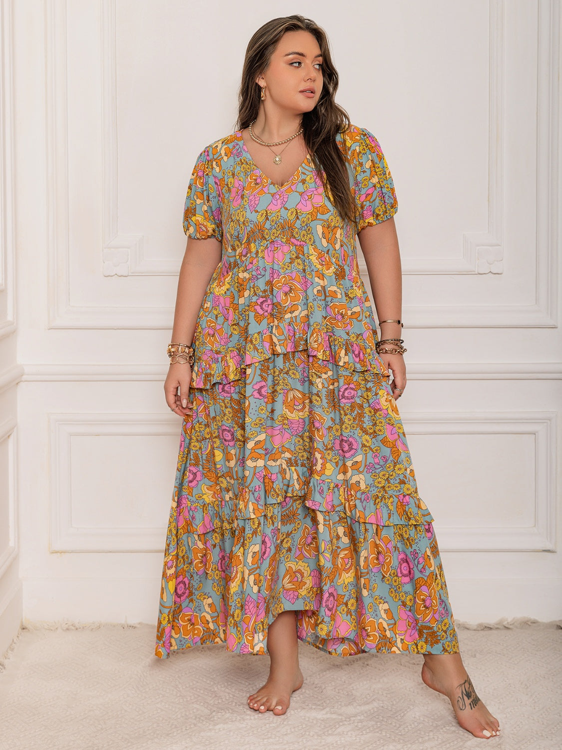 Plus Size Printed V-Neck Short Sleeve Maxi Dress Elegant & Flowy Summer Dress For Girls
