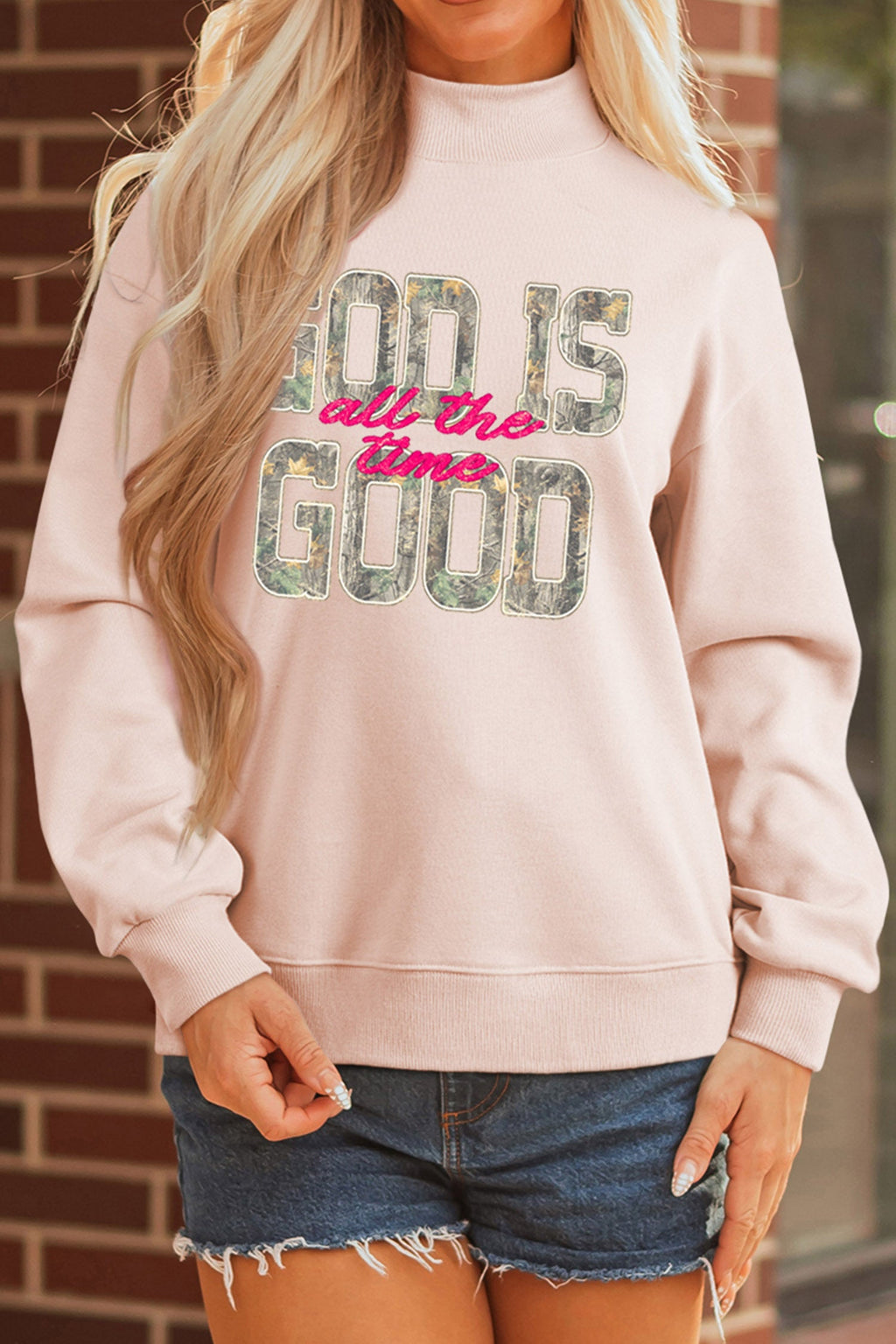 Apricot Pink Camo Print Letter Graphic Mock Neck Sweatshirt