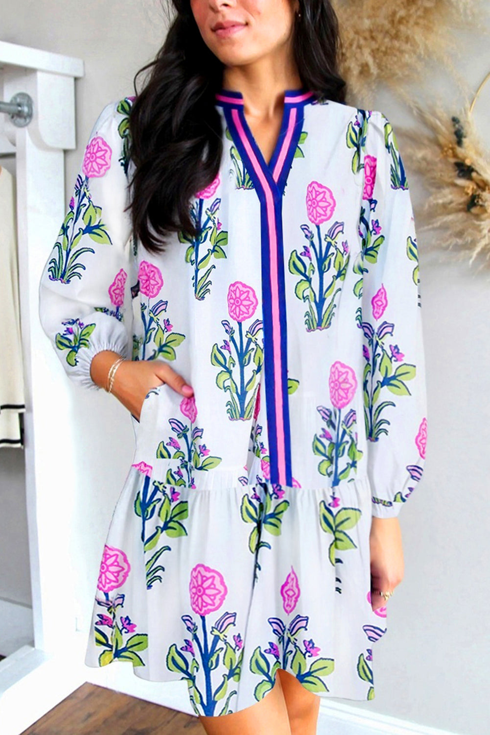 Sky Blue Floral Print Contrast Striped Trim Notched Neck Long Sleeve Dress