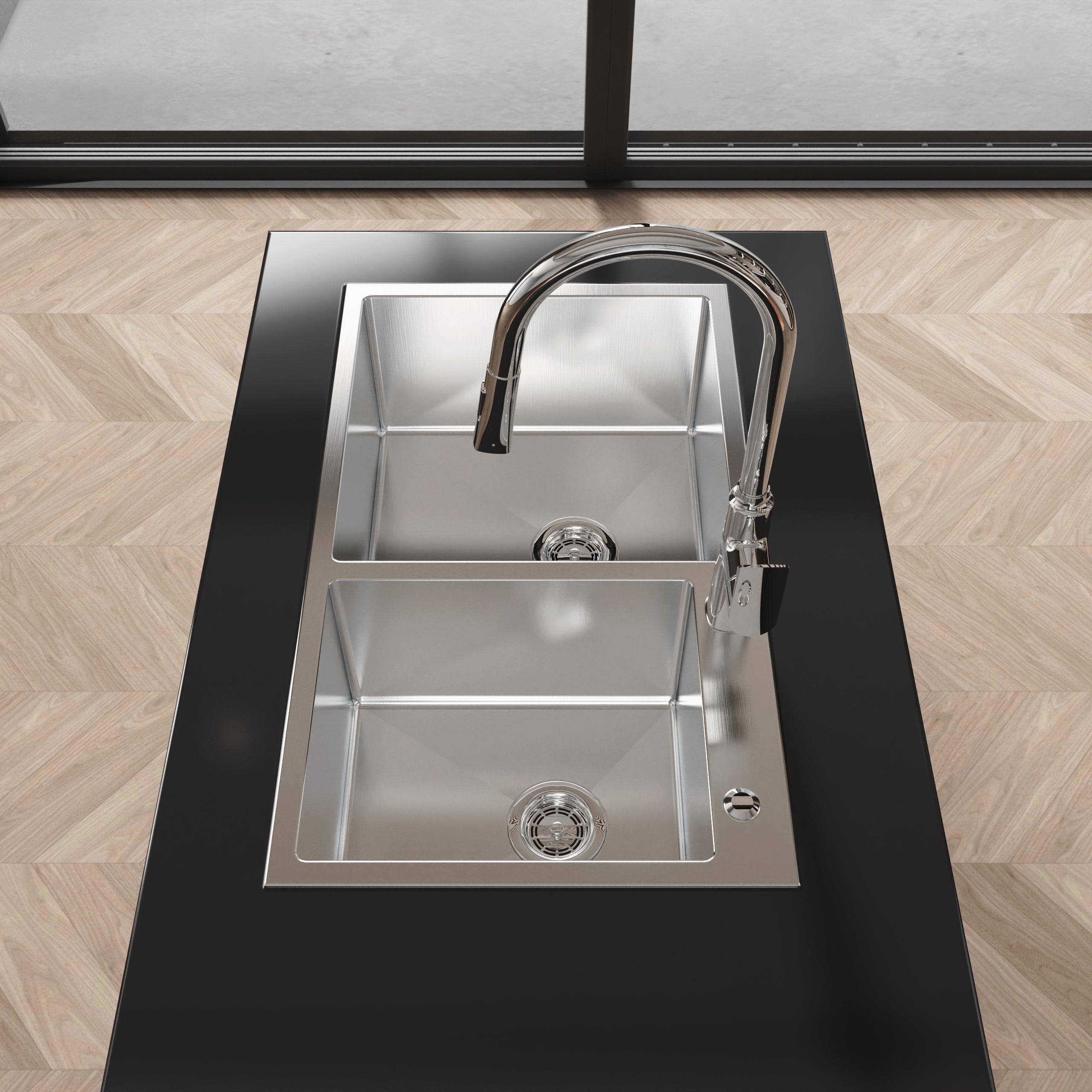 Stainless Steel Kitchen Sink, 32″x19″ Double Bowl in Brushed Nickel, Overmount Handmade Sink, with US Standard Drain and Hook, LS-SSBR03