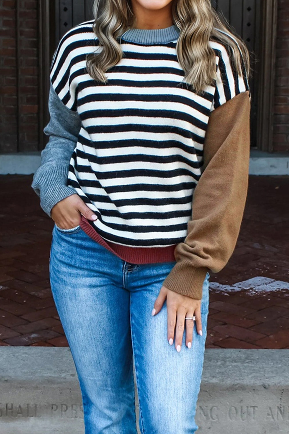 Color black Striped Panels Colorblock Sleeve Chic Sweater