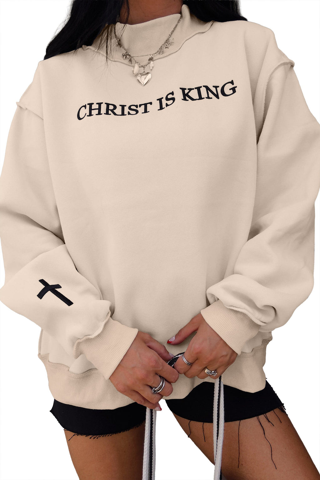 Beige CHRIST IS KING Embroidery High Neck Baggy Sweatshirt