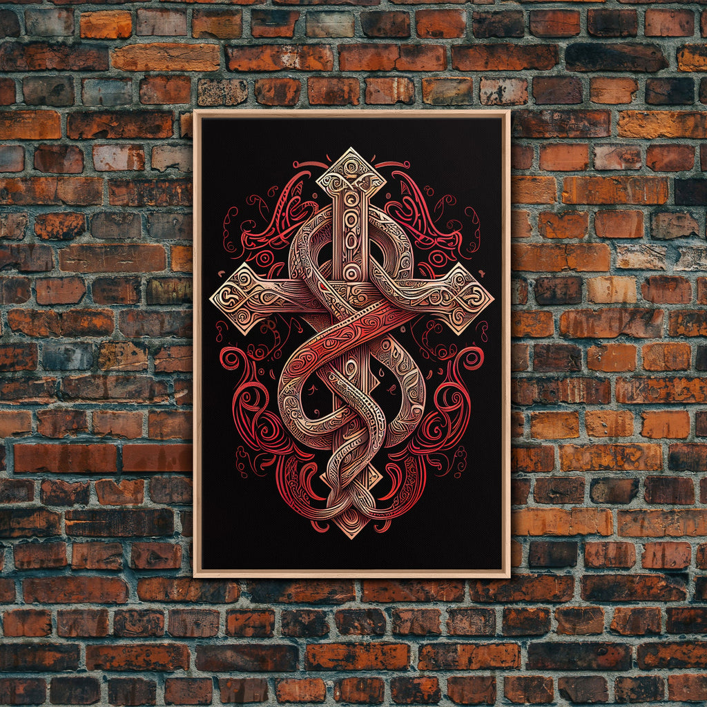 Cool Cross Art | Wall Art | Gothic Cross | Framed Canvas Print | Framed Art | Red and White Cross & Snake
