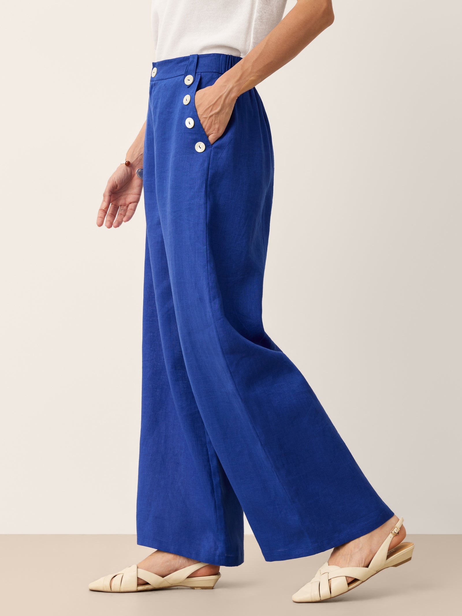 100% Linen Shell Button Elasticated Back Wide - Leg Pants IONE - PhishStones Products