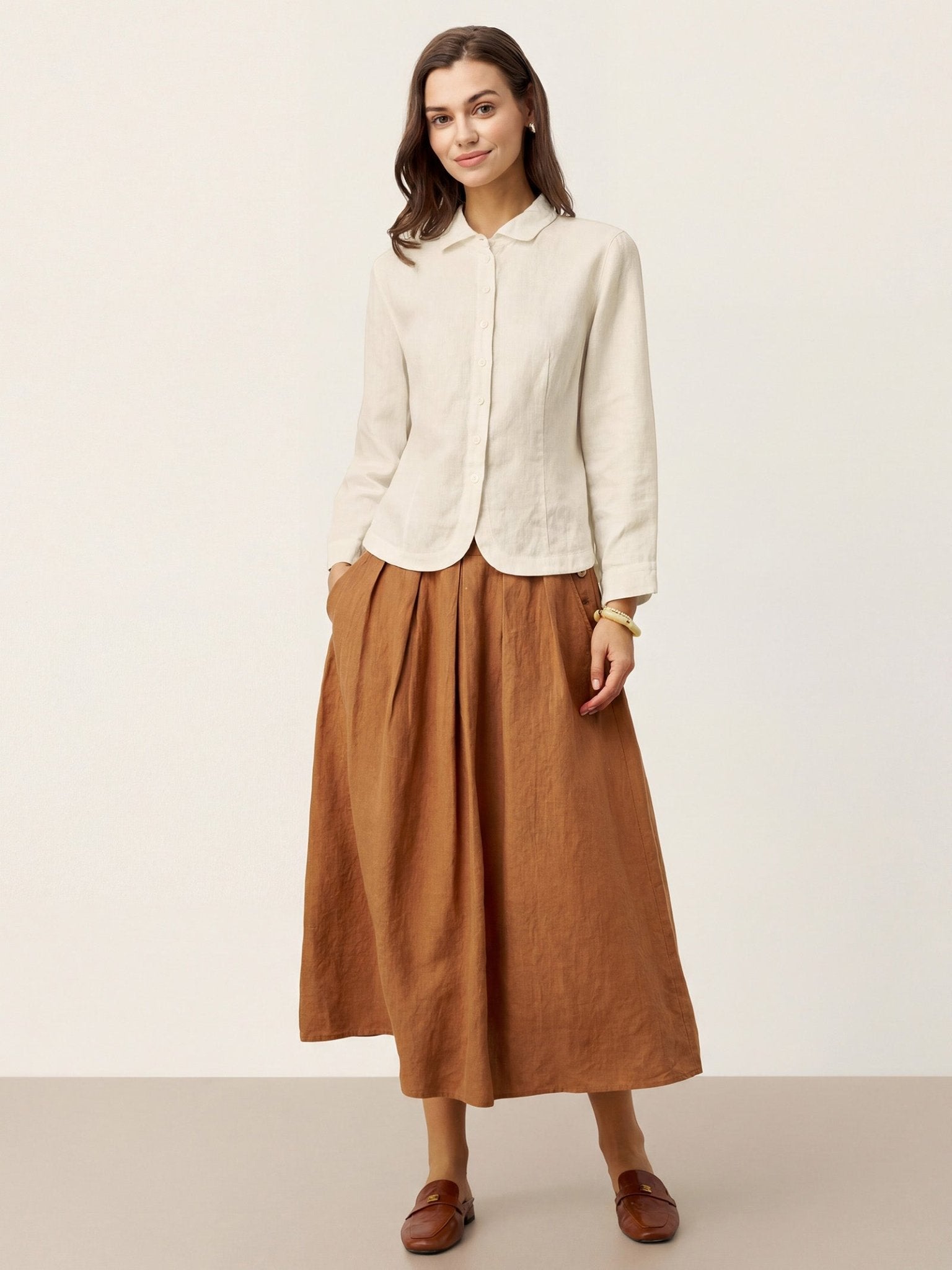 100% Linen Small Collar Curved Hem Tailored Shirt AVELINE - PhishStones Products
