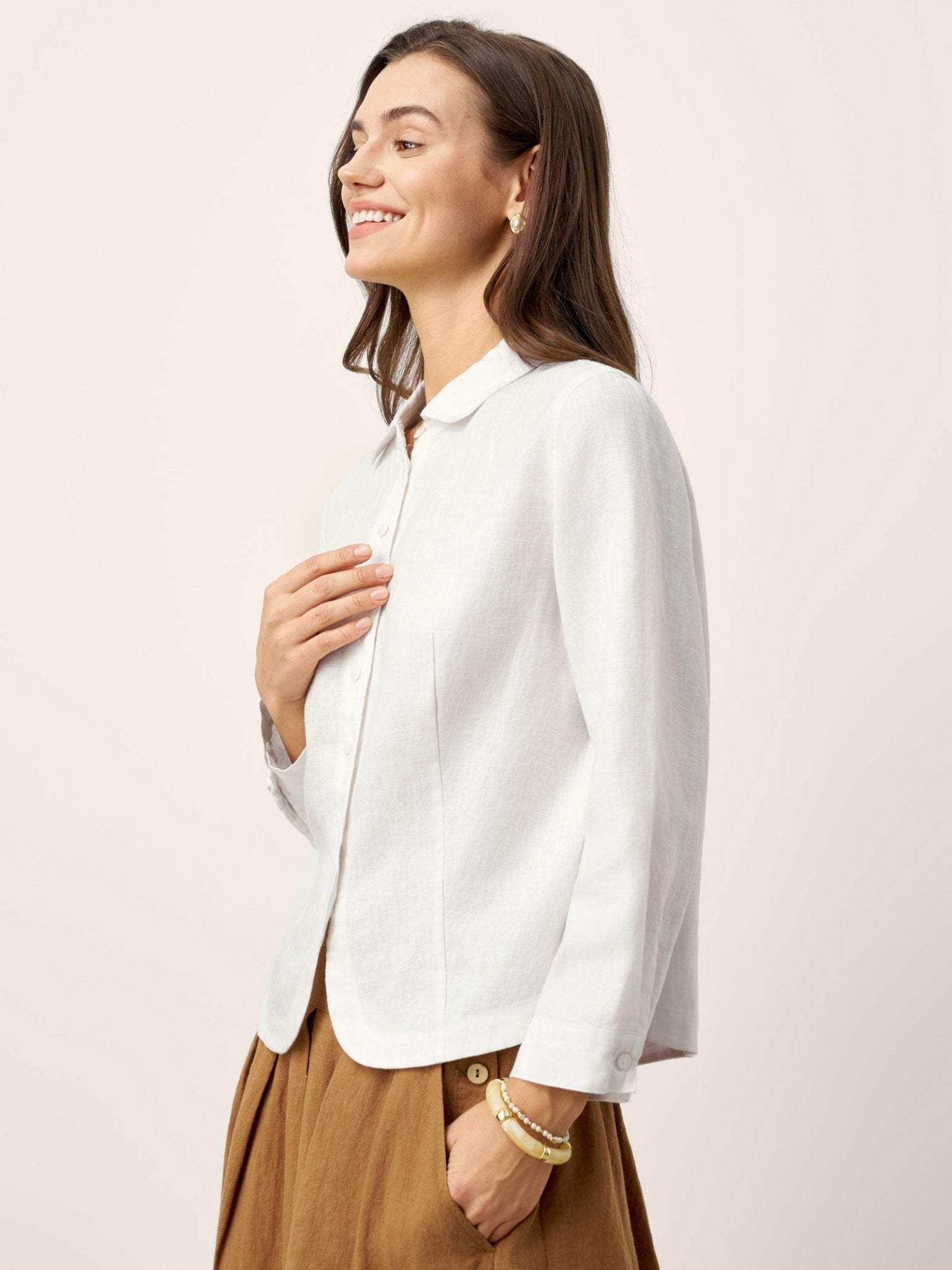 100% Linen Small Collar Curved Hem Tailored Shirt AVELINE - PhishStones Products