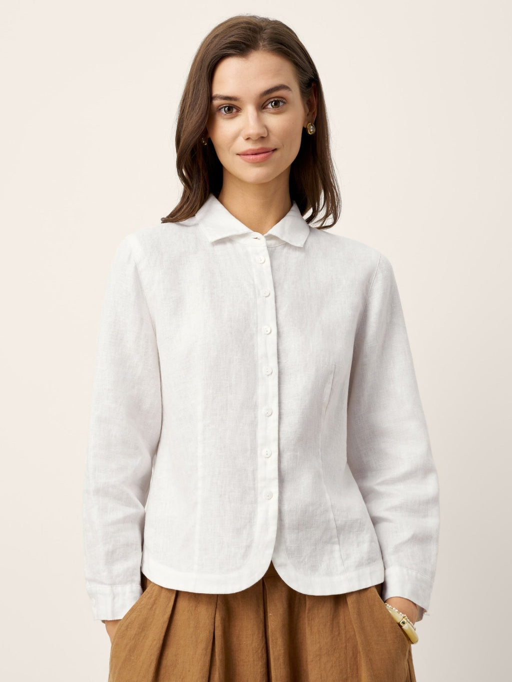 100% Linen Small Collar Curved Hem Tailored Shirt AVELINE - PhishStones Products