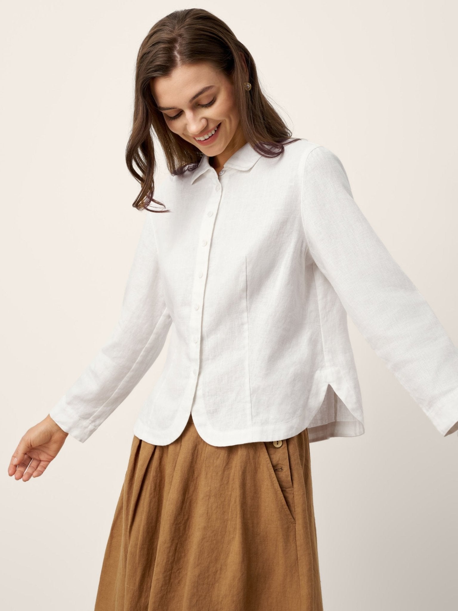 100% Linen Small Collar Curved Hem Tailored Shirt AVELINE - PhishStones Products