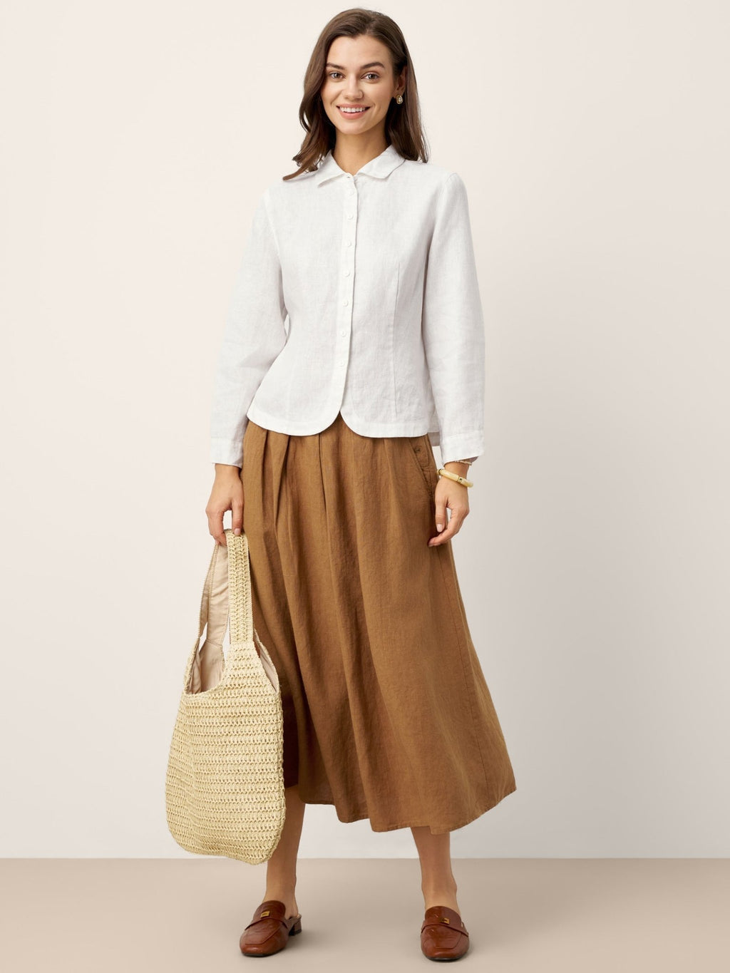 100% Linen Small Collar Curved Hem Tailored Shirt AVELINE - PhishStones Products