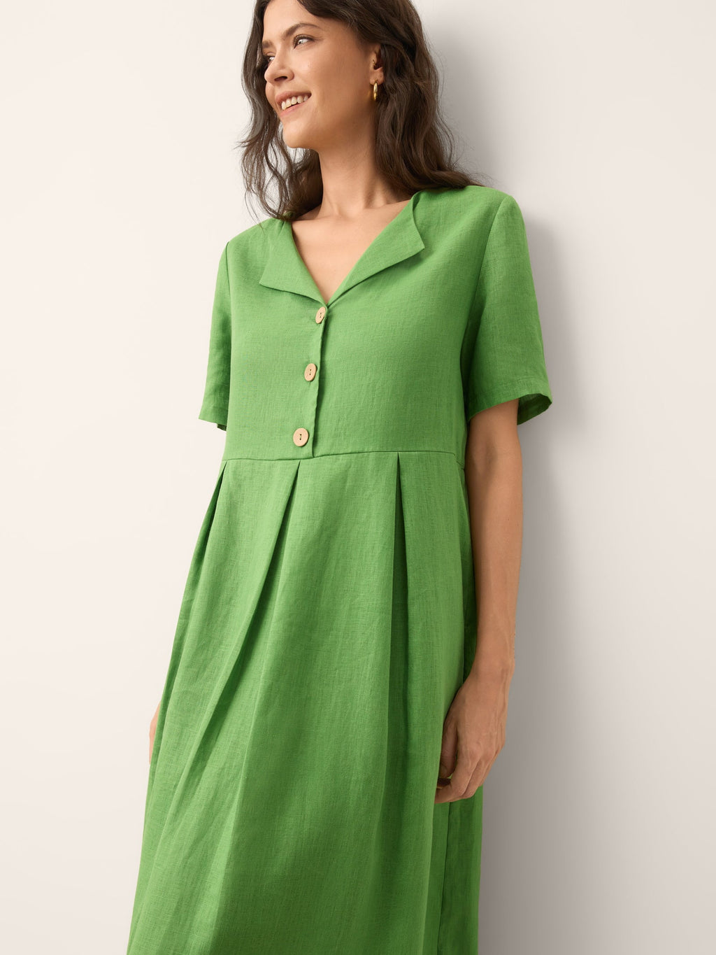 100% Linen Split Neck Button Detail Midi Dress SERAPHINE - PhishStones Products