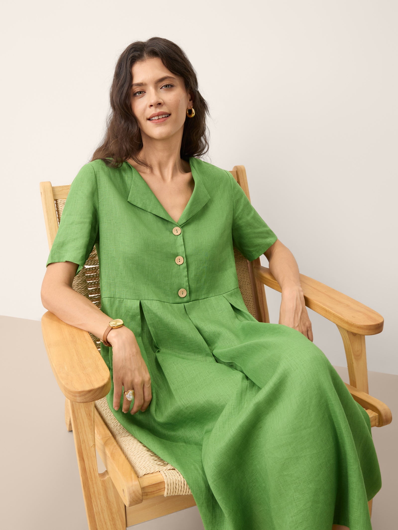 100% Linen Split Neck Button Detail Midi Dress SERAPHINE - PhishStones Products