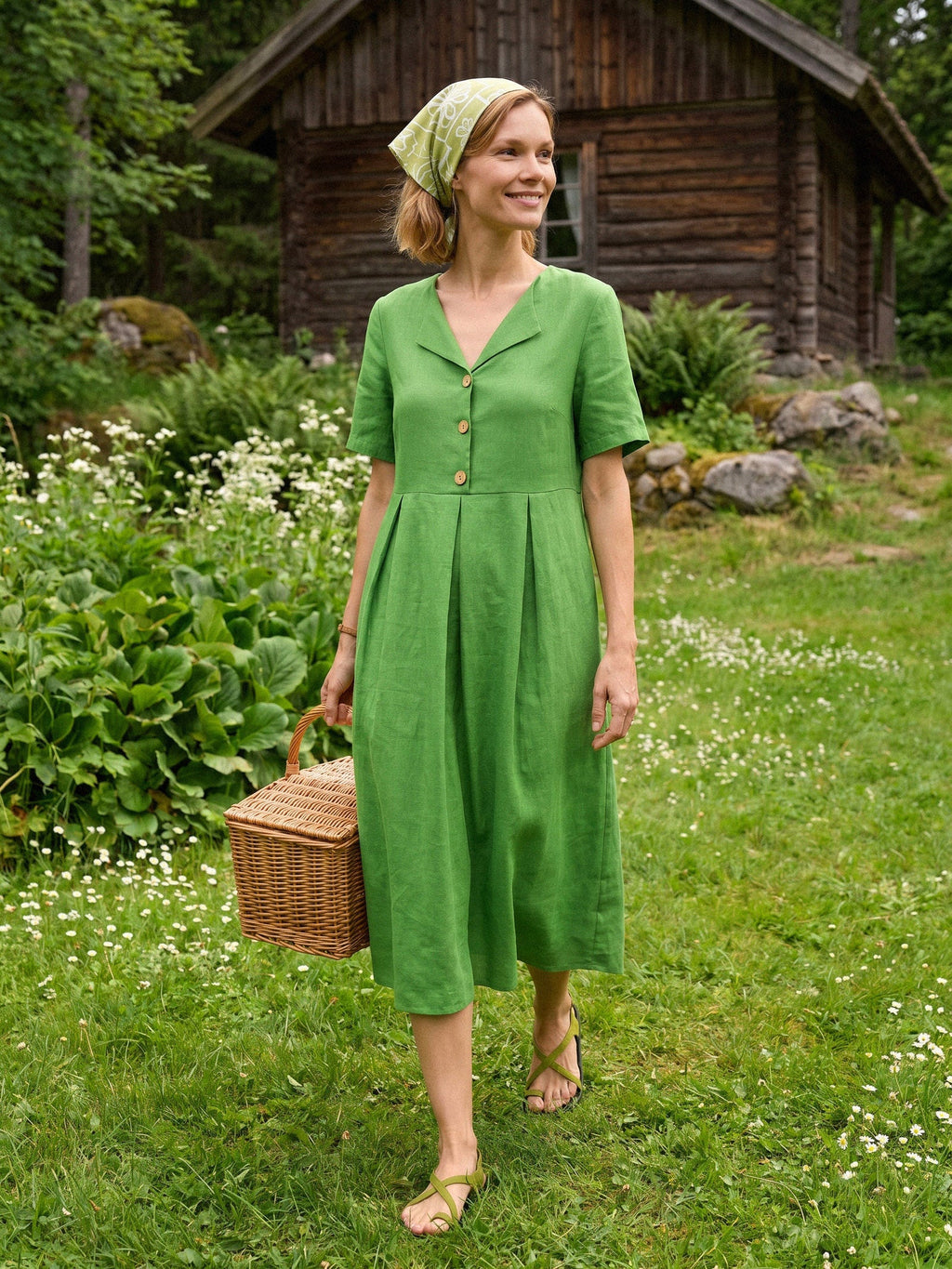 100% Linen Split Neck Button Detail Midi Dress SERAPHINE - PhishStones Products