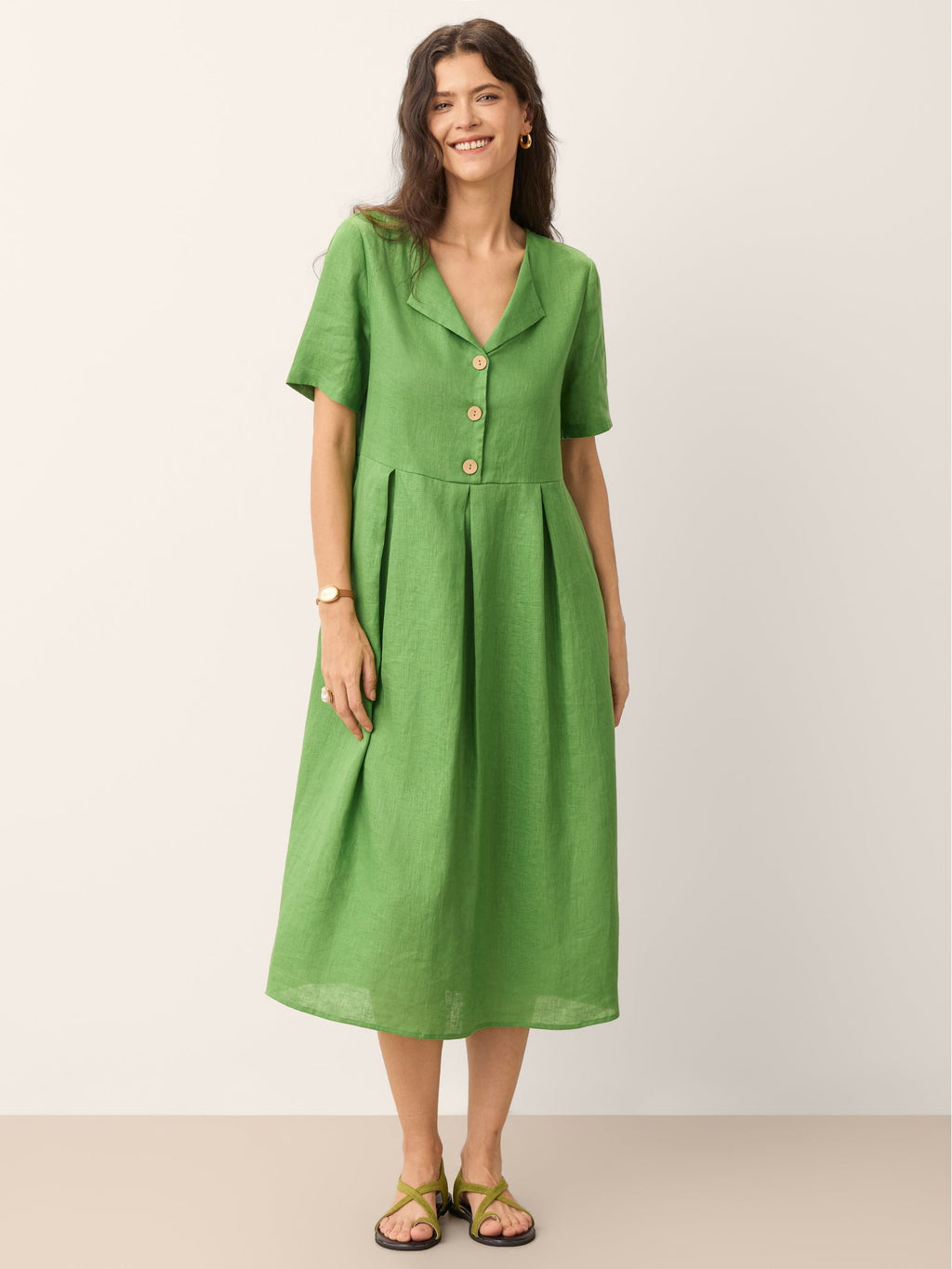 100% Linen Split Neck Button Detail Midi Dress SERAPHINE - PhishStones Products