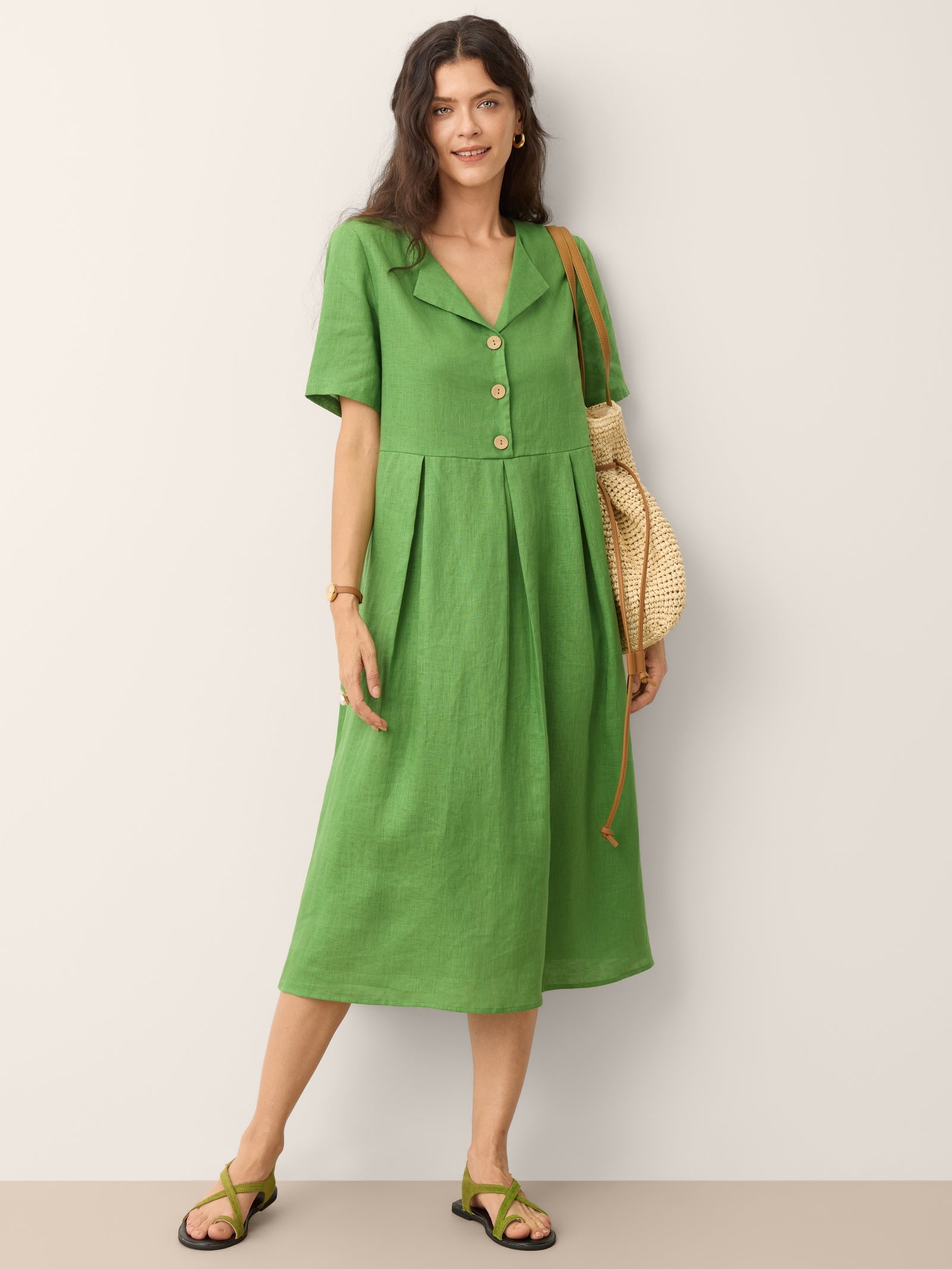 100% Linen Split Neck Button Detail Midi Dress SERAPHINE - PhishStones Products